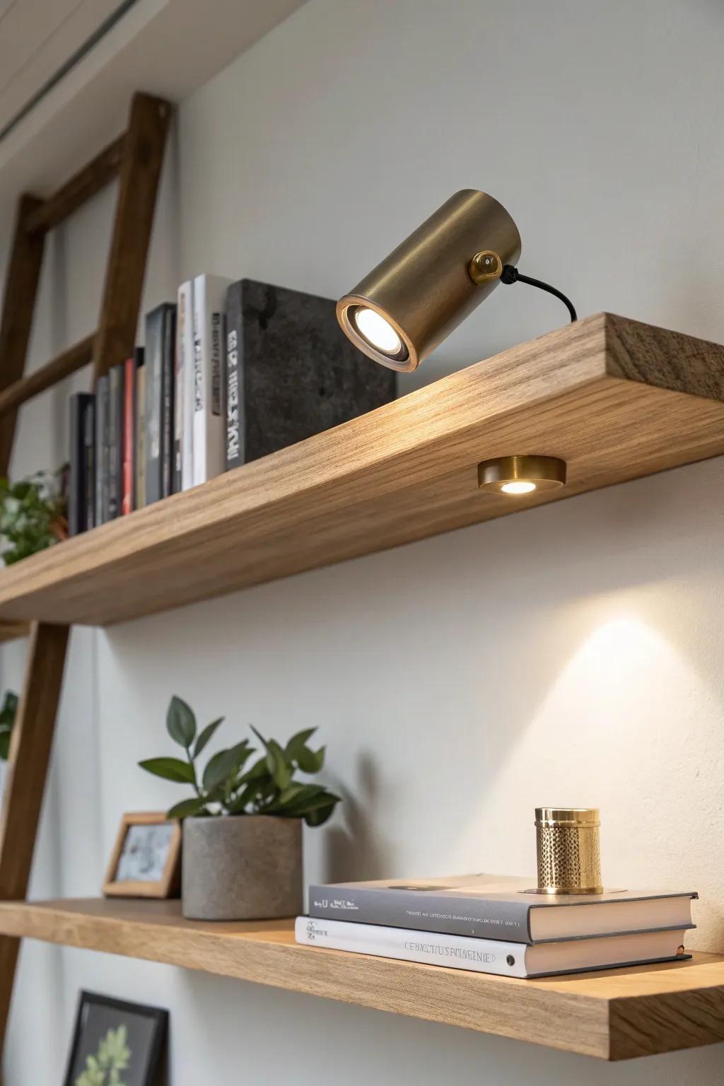 A tiny mini spotlight turns one shelf treasure into a gallery-worthy focal point.