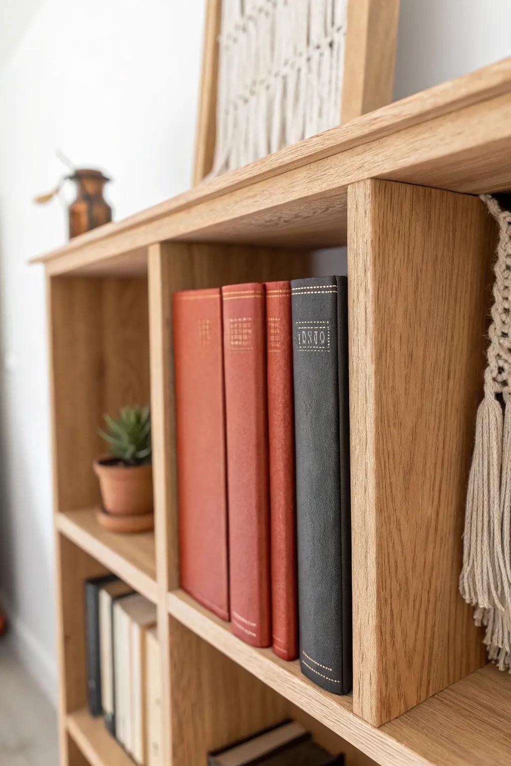 Flip a few books spine-in for instant texture—a calm neutral moment that elevates a tiny shelf.