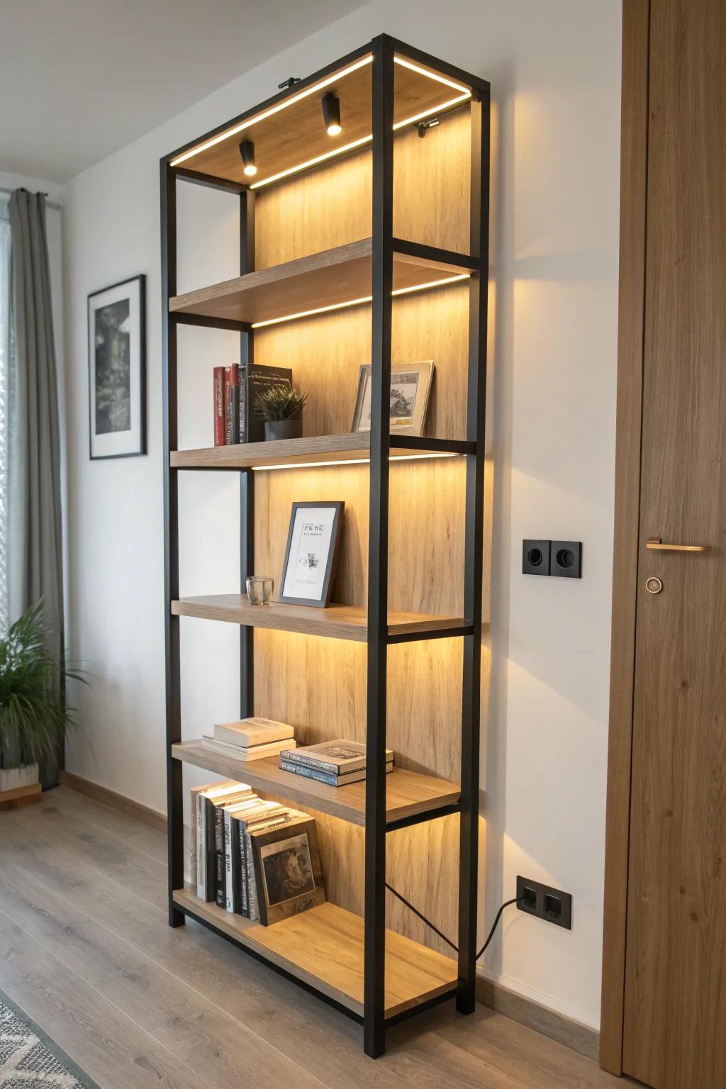 Mirror-backed bookshelf lights double the glow—instantly brighter, bigger-feeling small rooms.