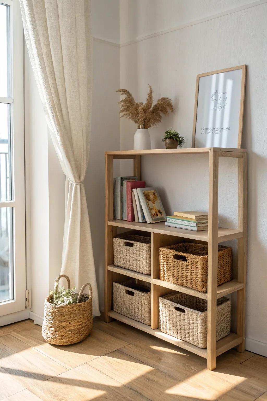 Kid-friendly window shelves with woven toy bins—easy reach below, styled shelves above.
