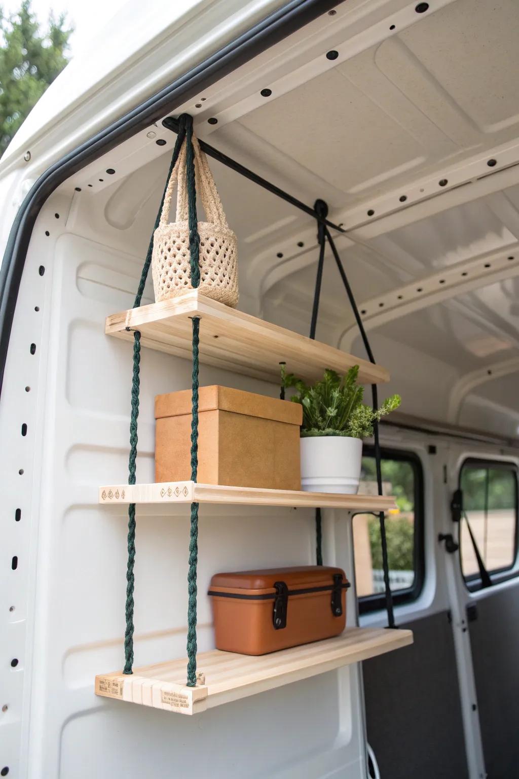 Ceiling-hung box truck shelf: light-duty storage that frees floor space for bulky soft goods.