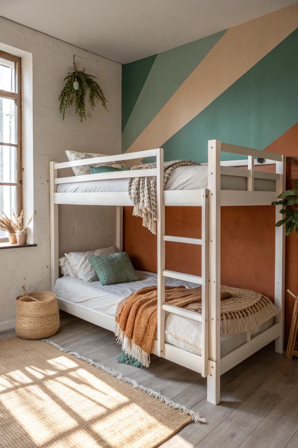 Two-tone paint behind the bunks gives each kid a zone—calm, cohesive, and space-smart.