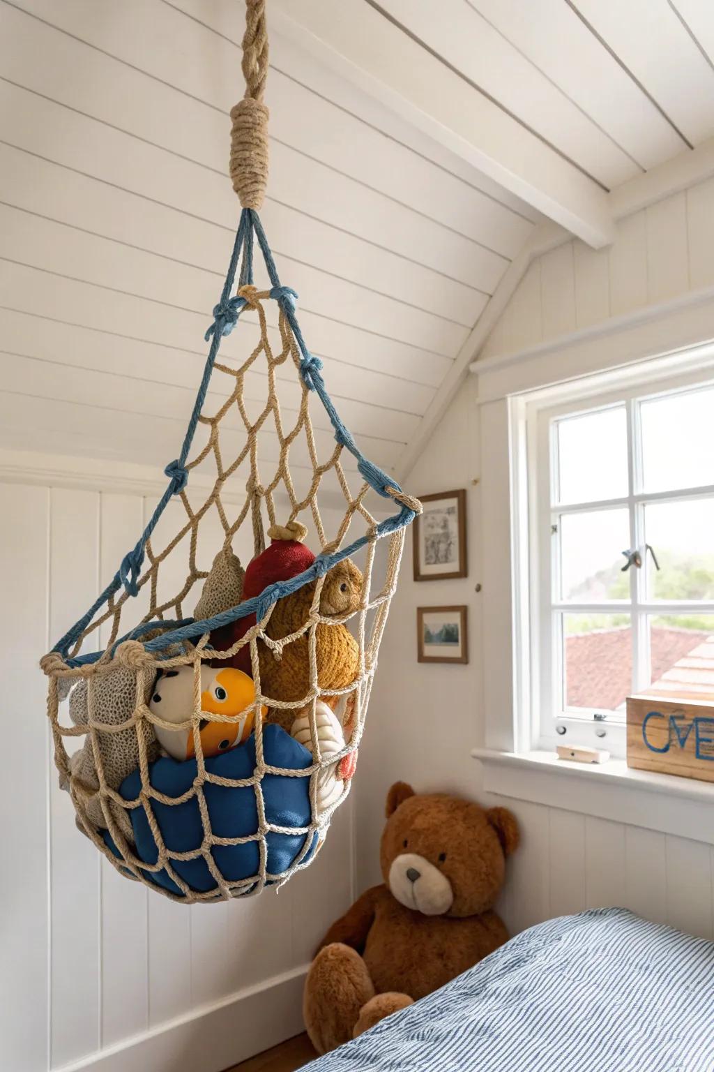 A ceiling cargo net keeps stuffed animals up high—smart storage with a sporty, cozy look.