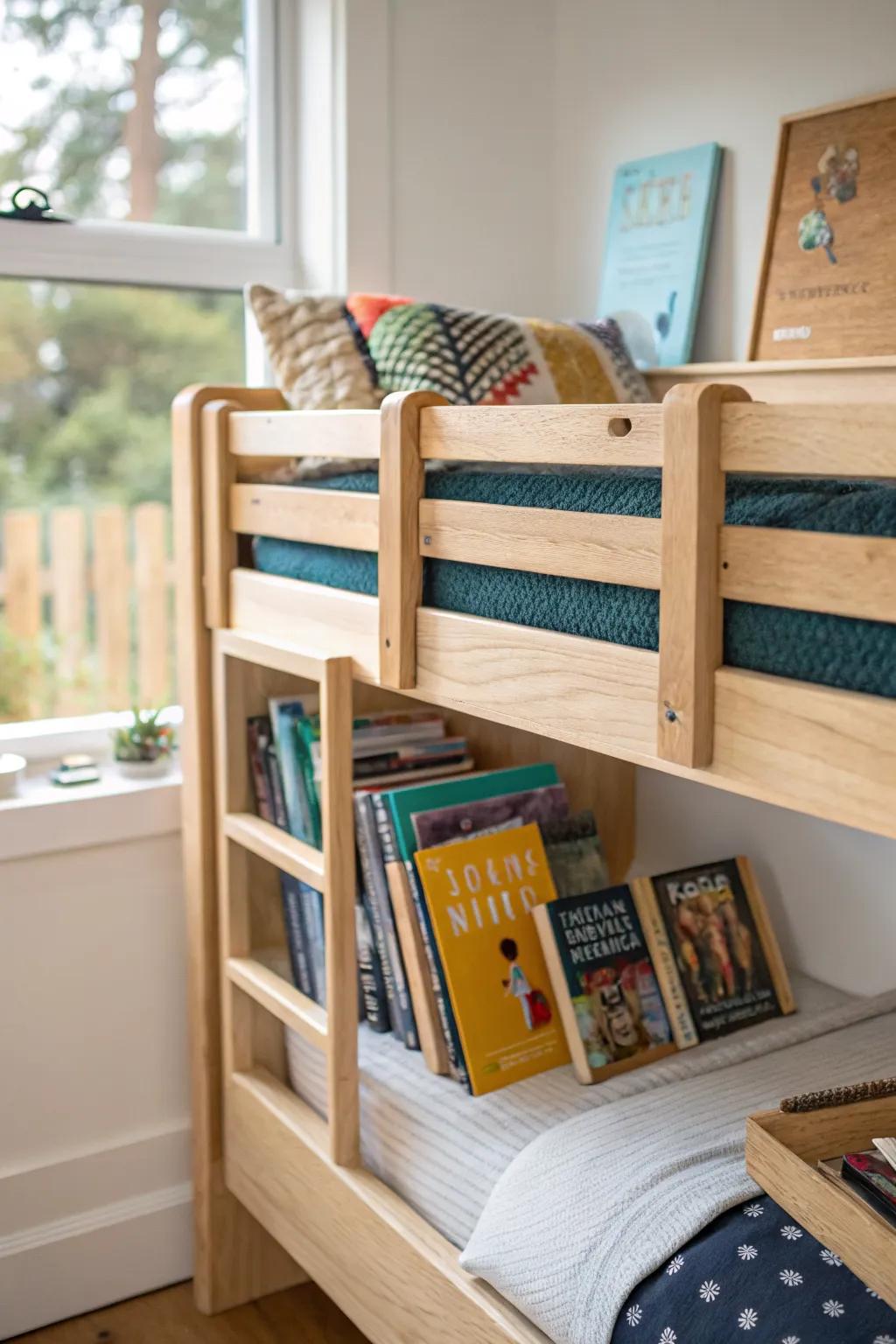 A mini bunk-rail library keeps bedtime stories close—no nightstand needed, no books on the floor.