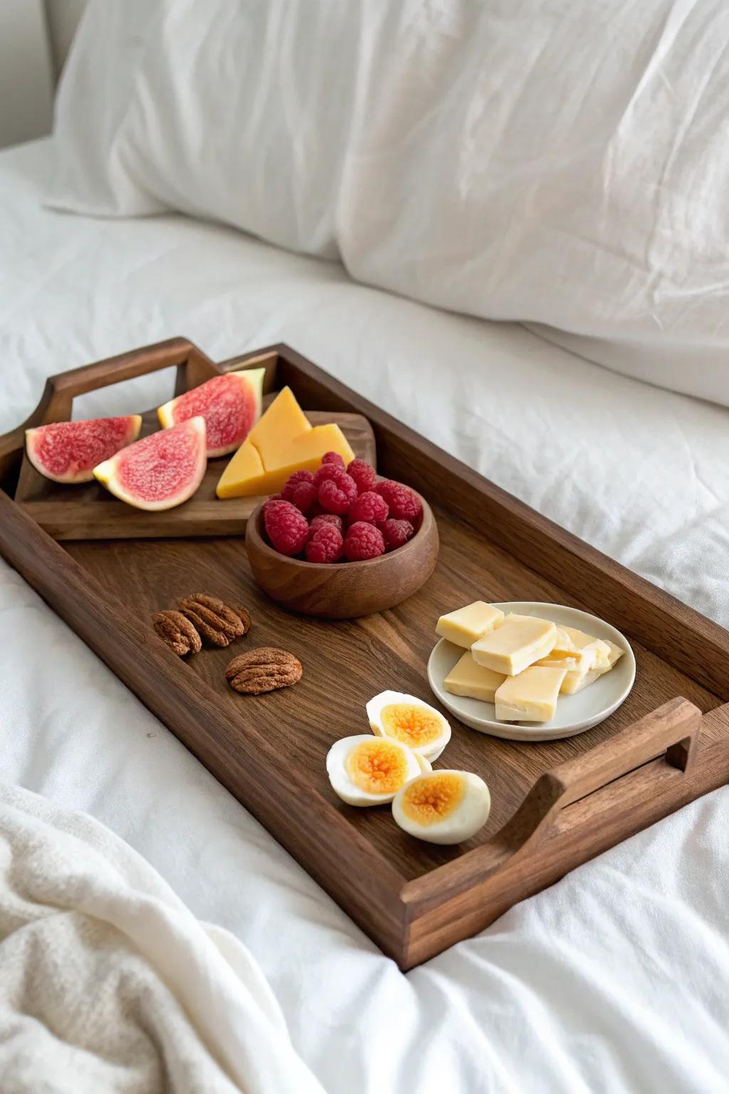 No-cook “fridge picnic” tray: fruit, cheese, bread & eggs—pretty, fast, small-space friendly.