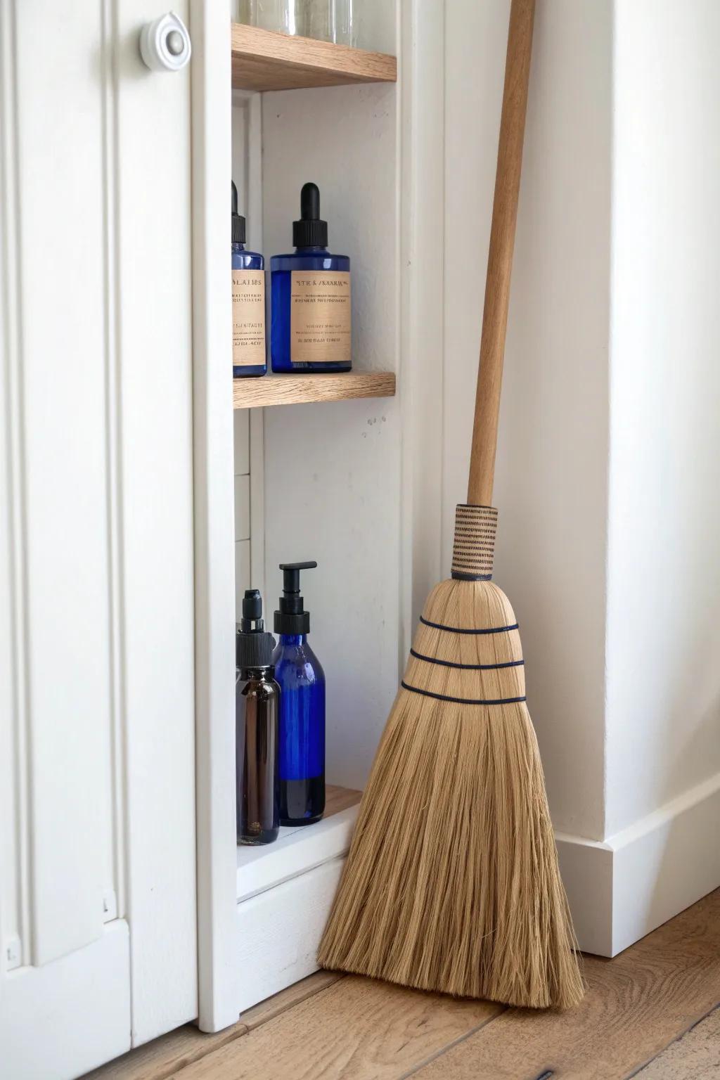 Sleek between-the-studs broom niche—zero floor space, big style, and bold blue accents.