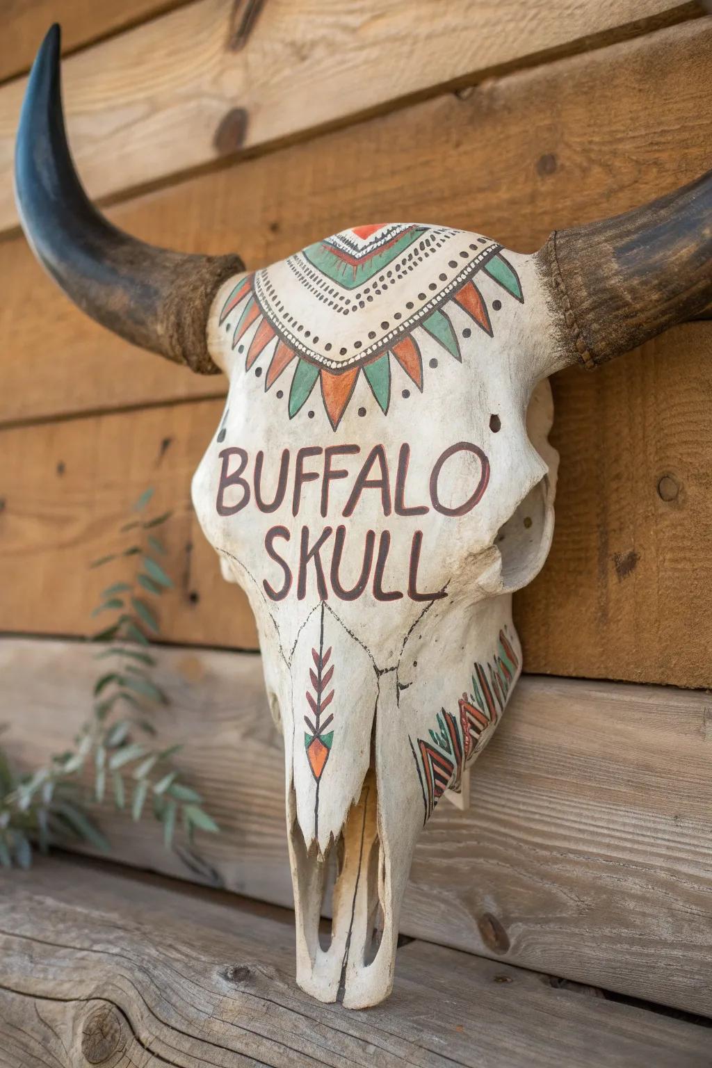 Inspire daily with personalized artistry: a buffalo skull transformed with meaningful messages.