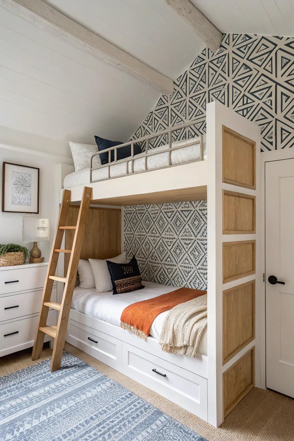 Closet bunk beds, elevated: a bold ceiling wallpaper turns the nook into a chic cocoon.
