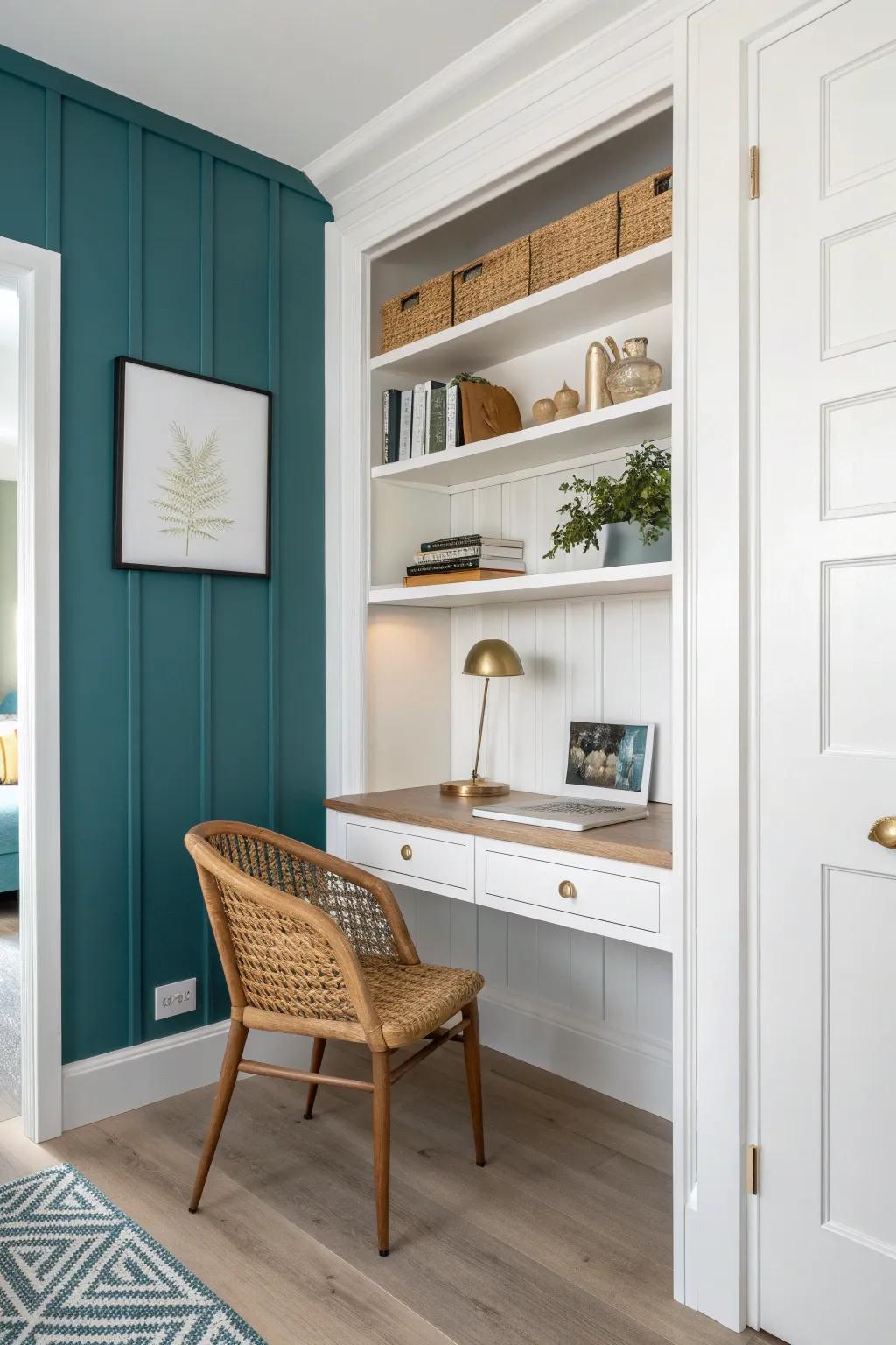 Hallway micro built‑in desk: a slim work nook with floating storage that keeps the path clear.