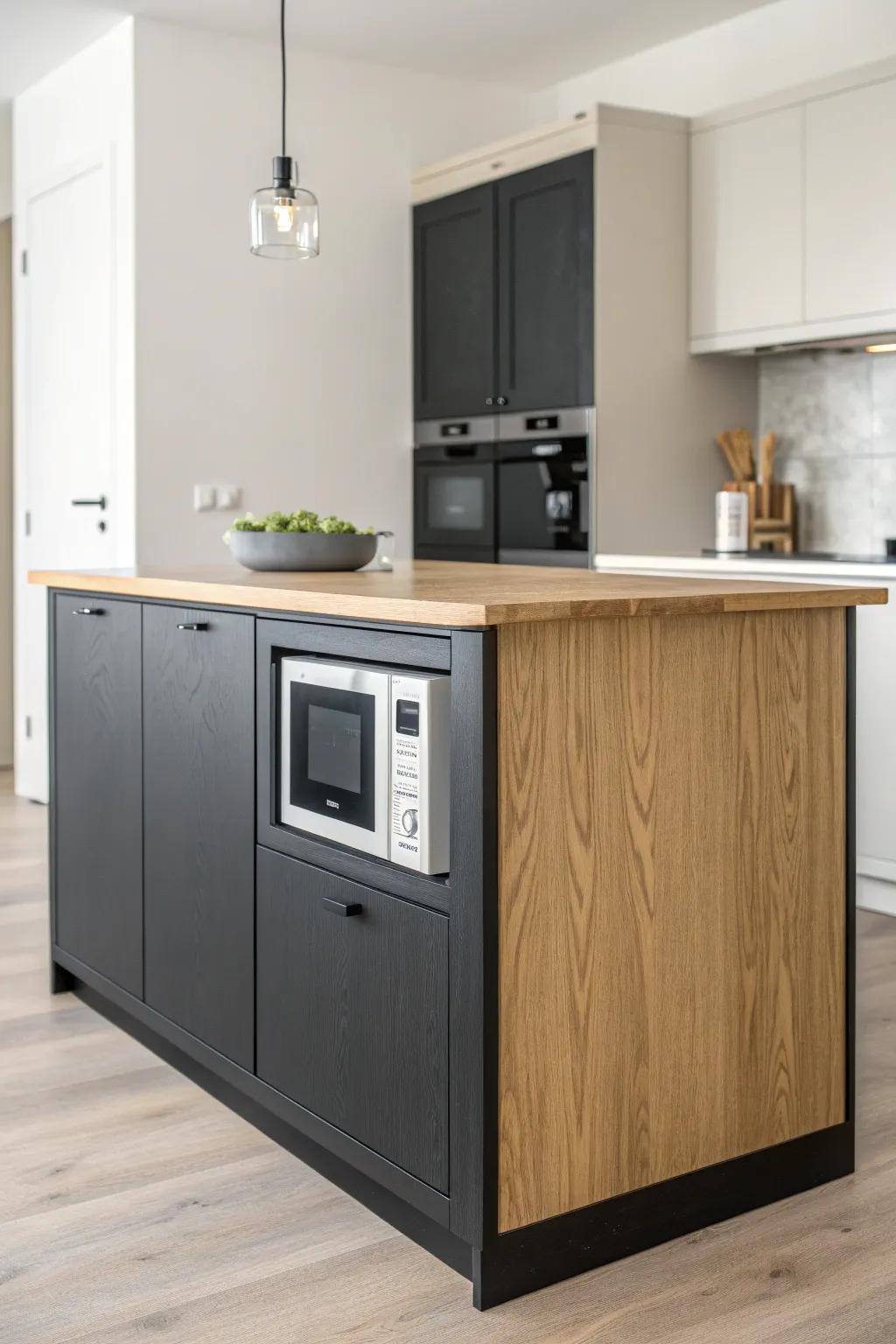 Two-tone island trick: a dark base hides the built-in microwave for a clean small-kitchen look.