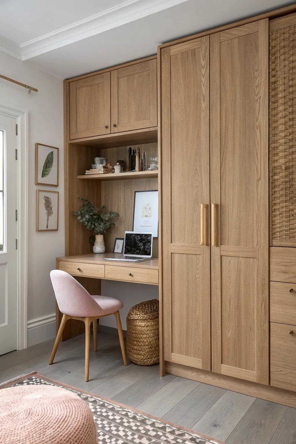 Built-in wardrobe with a hidden fold-down desk—small-room magic that closes away at night.