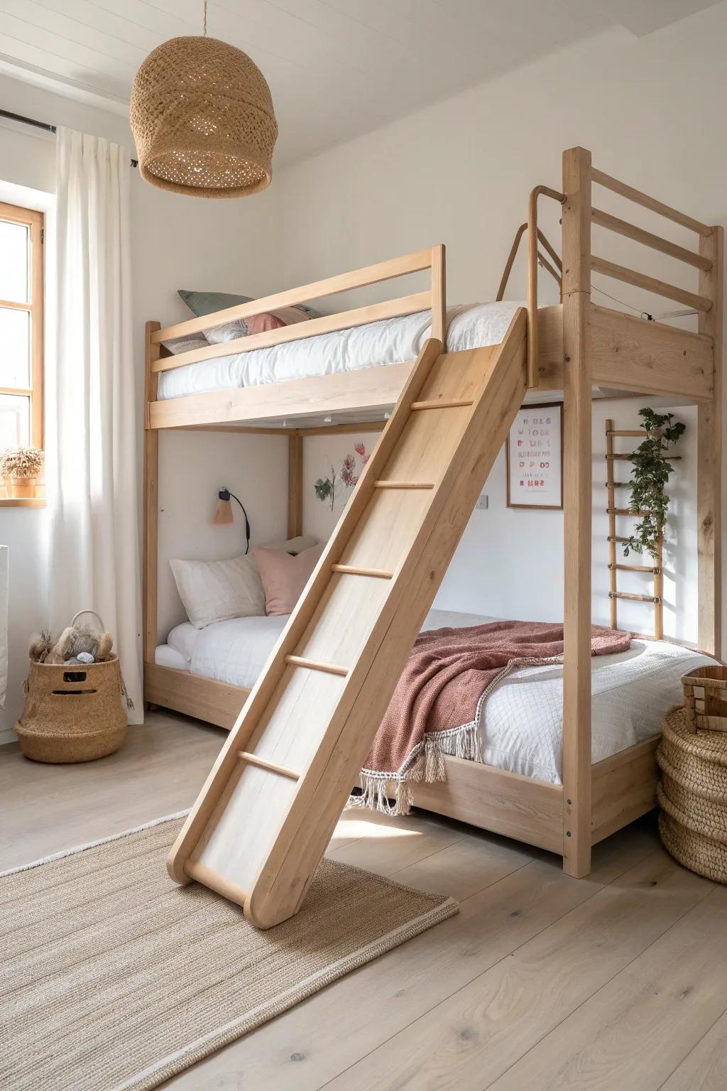 Slide into fun: a sleek oak bunk with a bold terracotta slide—play space built in.