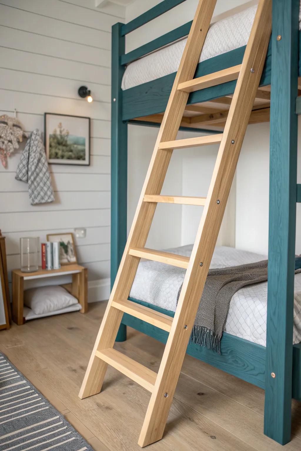 Alternating-tread ladder: stair-like comfort with a tiny footprint—perfect for tight bunks.