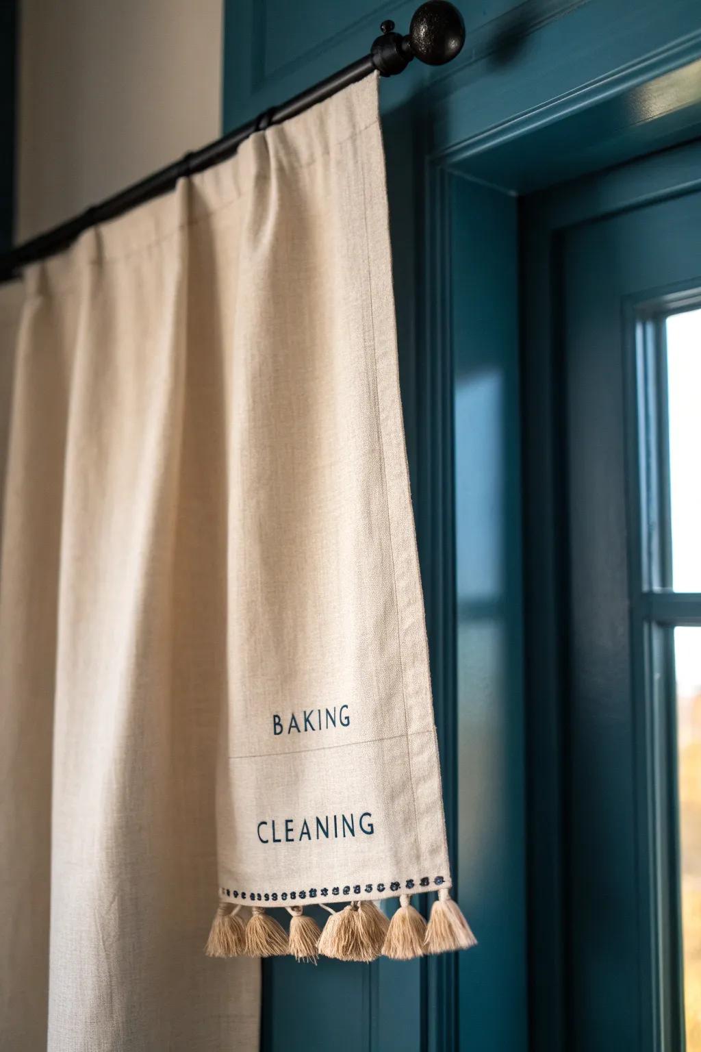 Chalk-labeled curtain hem: a chic micro-organization trick for tiny cabinets.