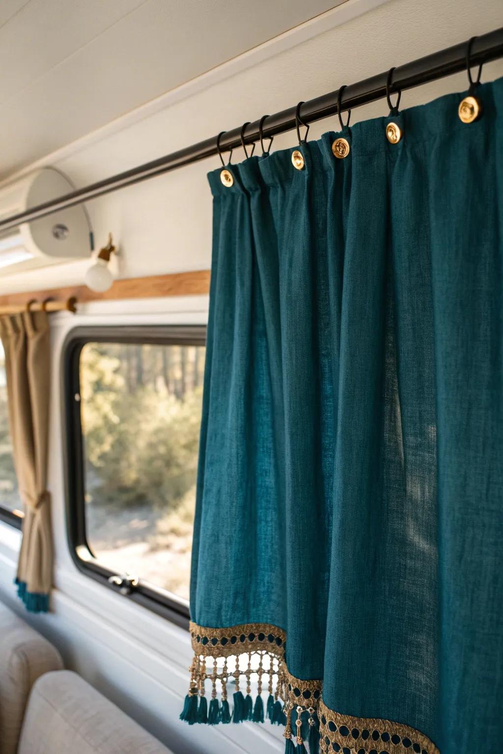 Snap-on linen camper curtain with brass snaps—off in seconds, clean in minutes, always chic.