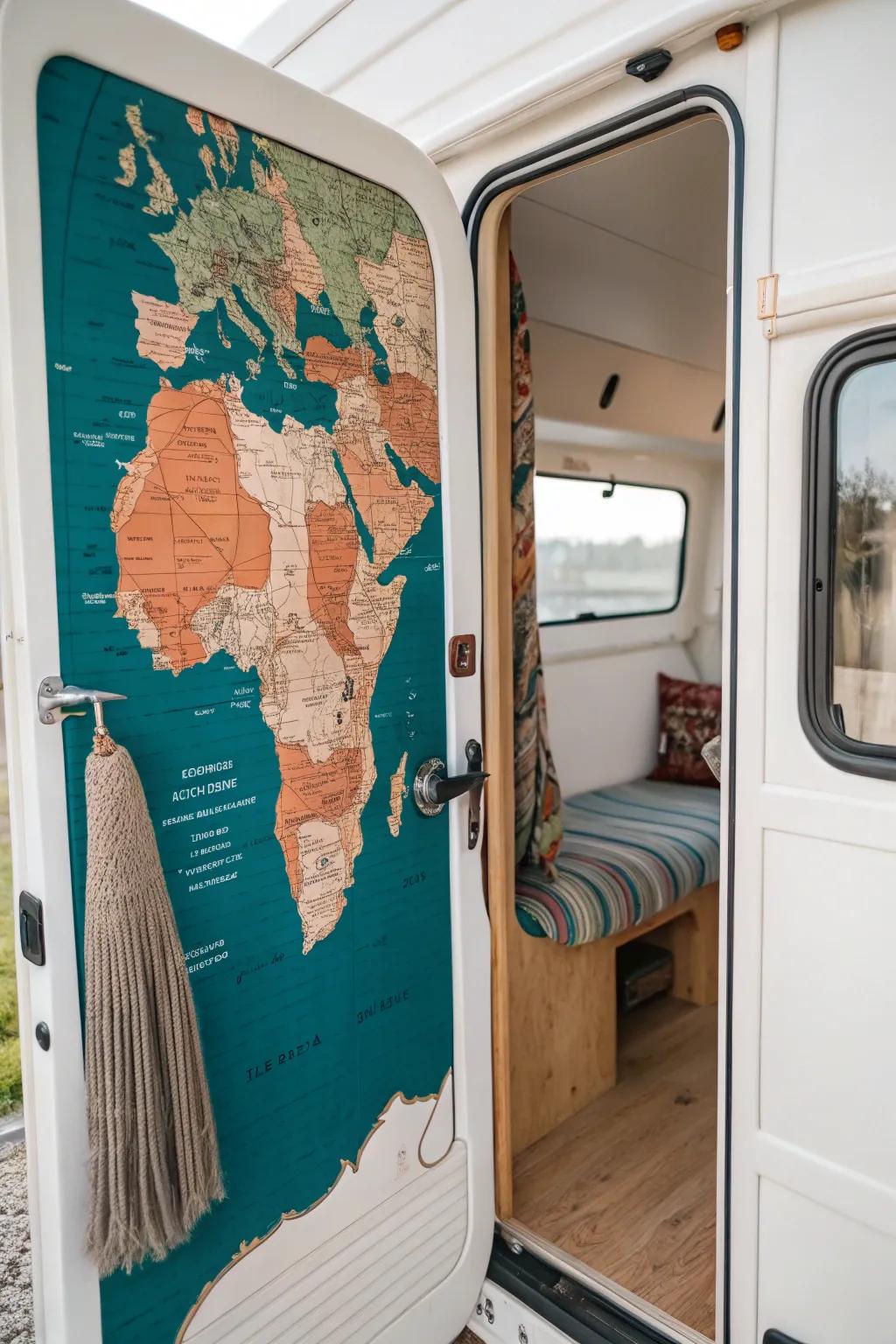 Turn your camper door into art with a bold map mural—instant wow factor in a tiny space.