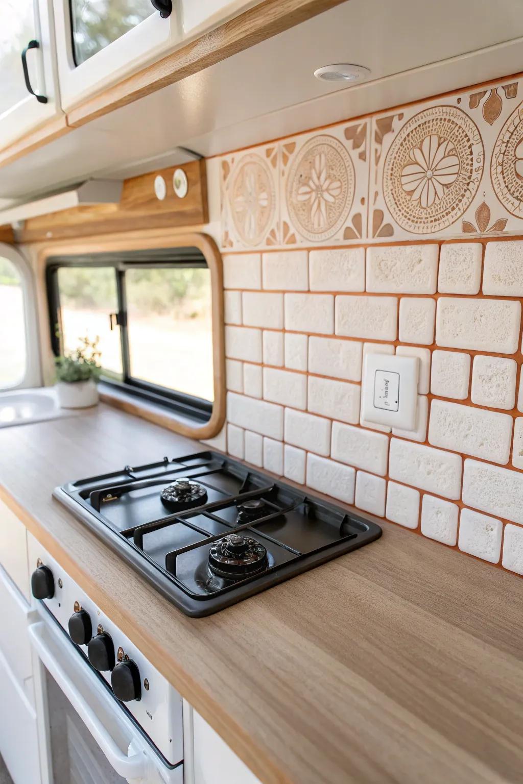 Peel-and-stick tile-look backsplash panel for a quick, rental-friendly camper kitchen upgrade.