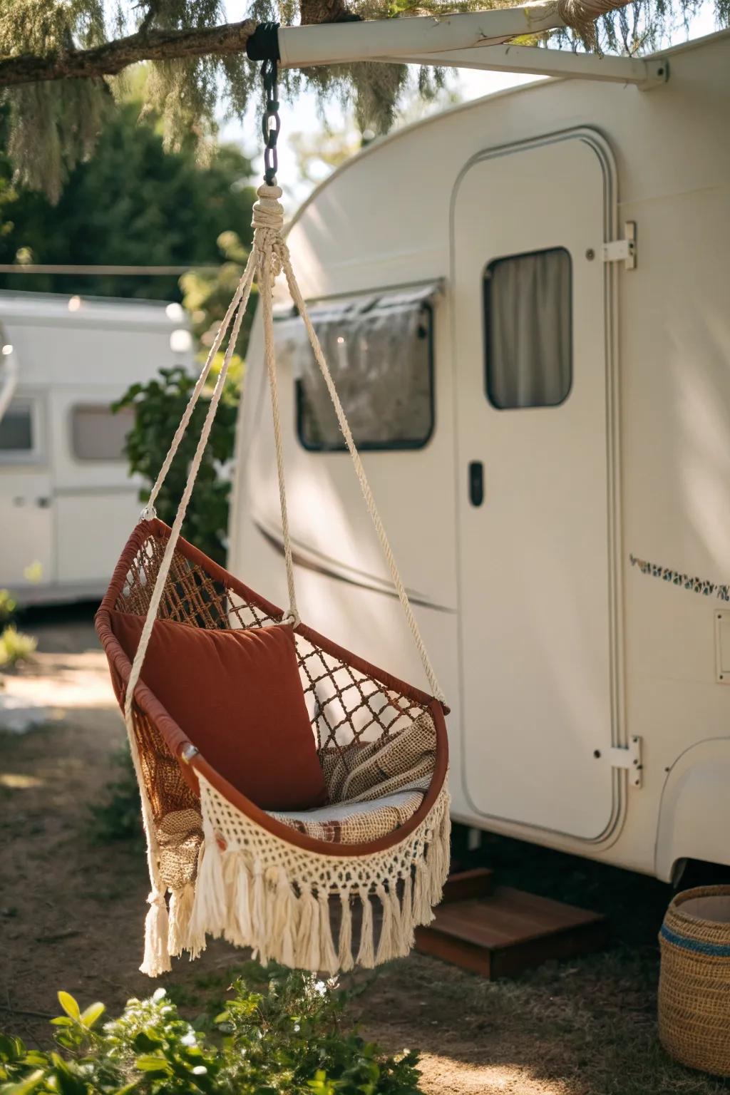 A cozy hammock chair nook beside the camper—your shaded, glamping-perfect reading escape.