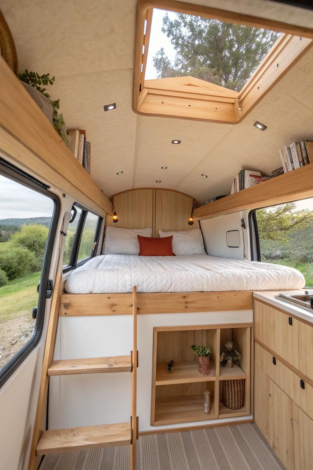 A pop-top roof bed adds a second sleeping level—freeing the main floor for storage and seating.