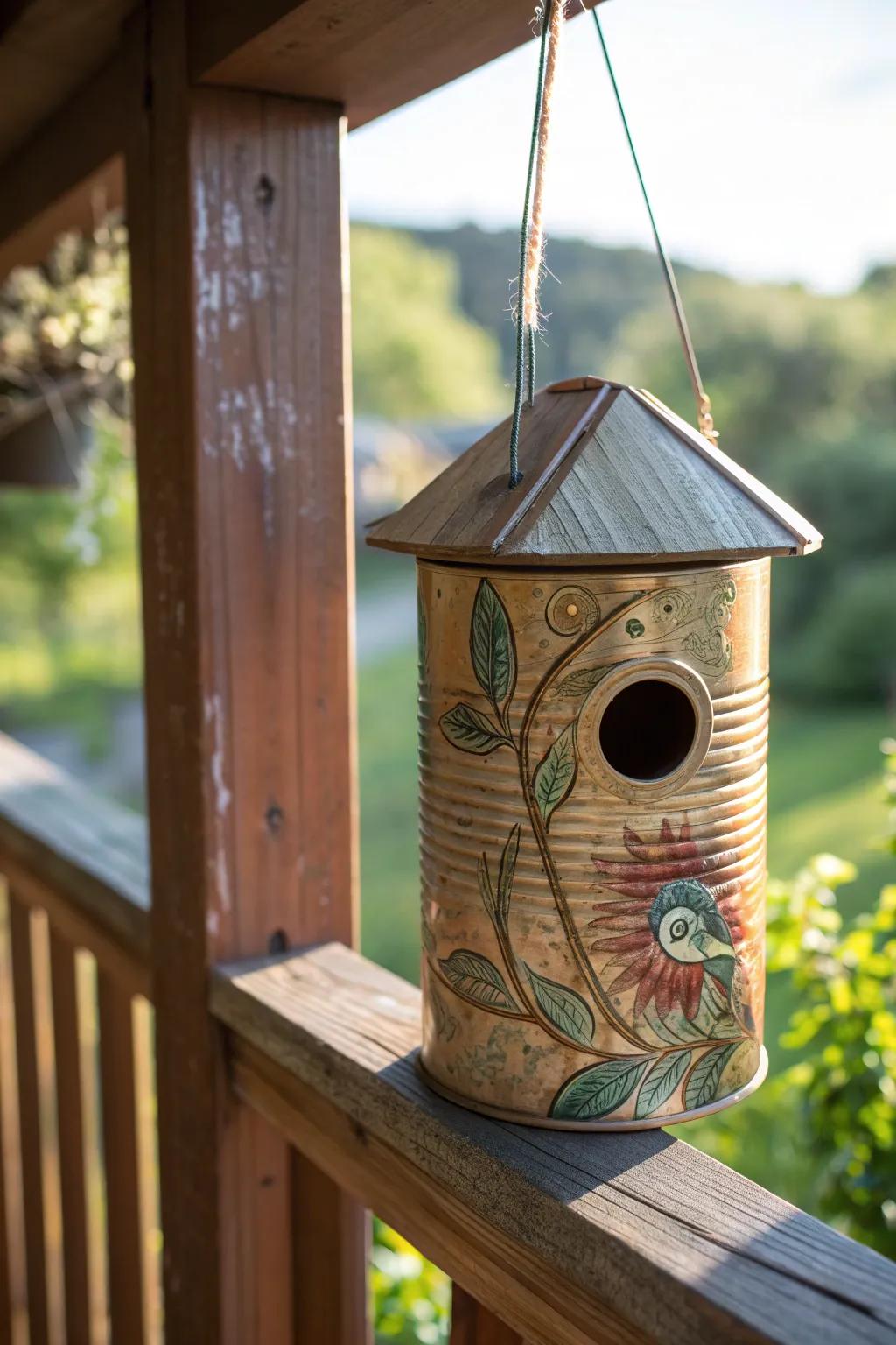 Crafted Haven: A unique birdhouse made from upcycled cans, perfect for your balcony and feathered visitors.