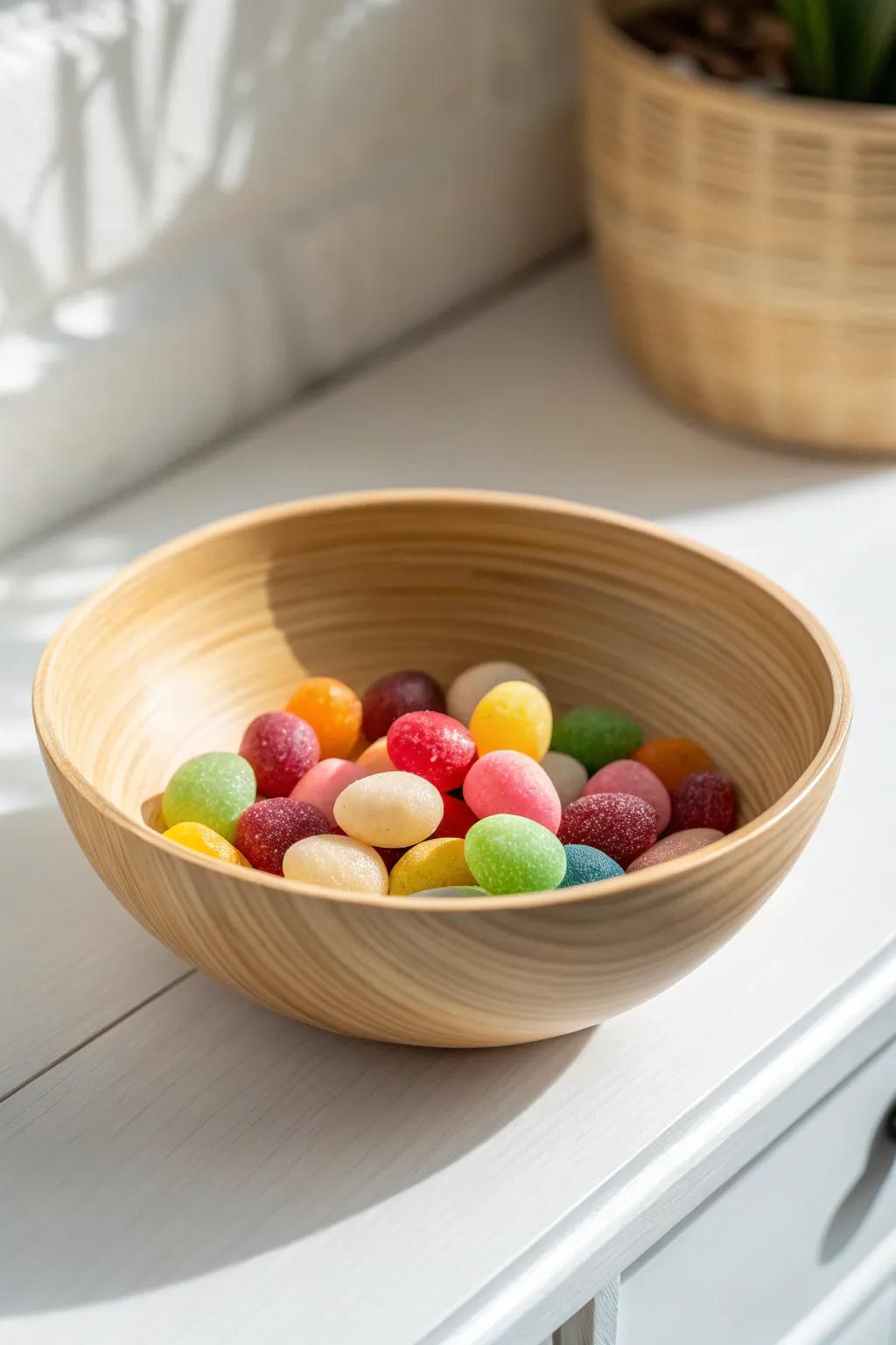 Savor sustainability with style: Eco-friendly bamboo bowls filled with colorful treats.