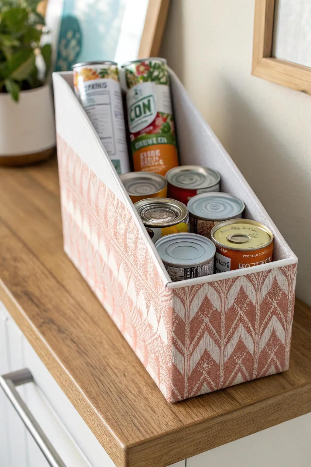 Upcycled drink box can-slide dispenser—pretty, space-saving, and perfectly grab-and-go.