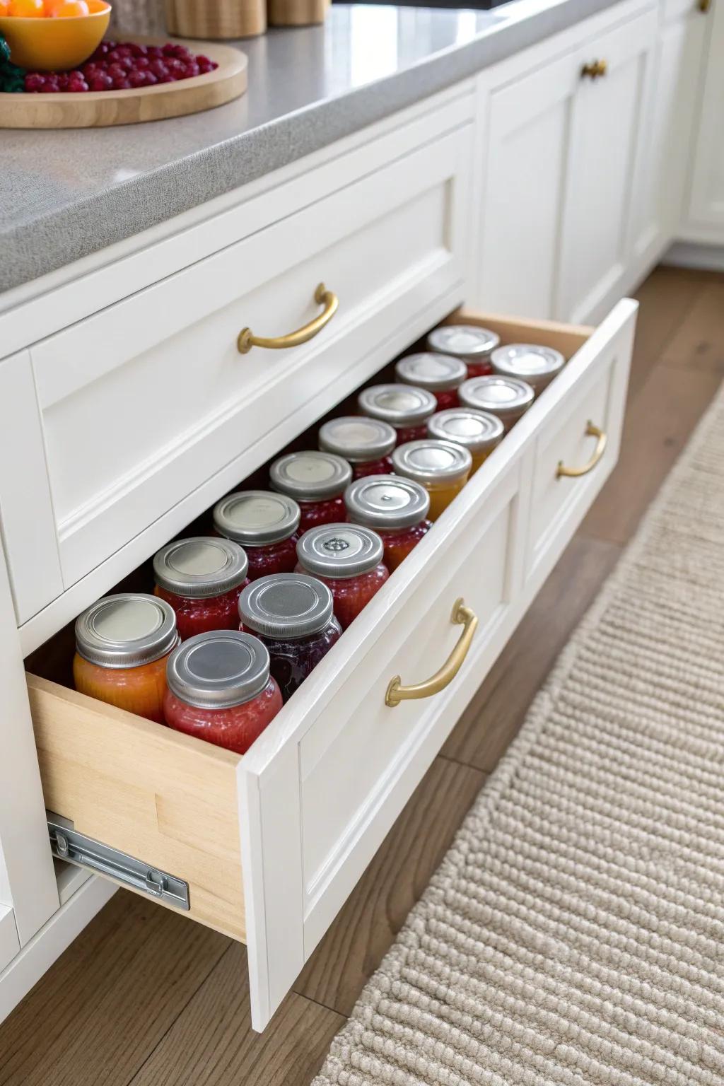 Dead toe-kick space, reborn: a sleek pull-out drawer that stores half-pint jars in style.