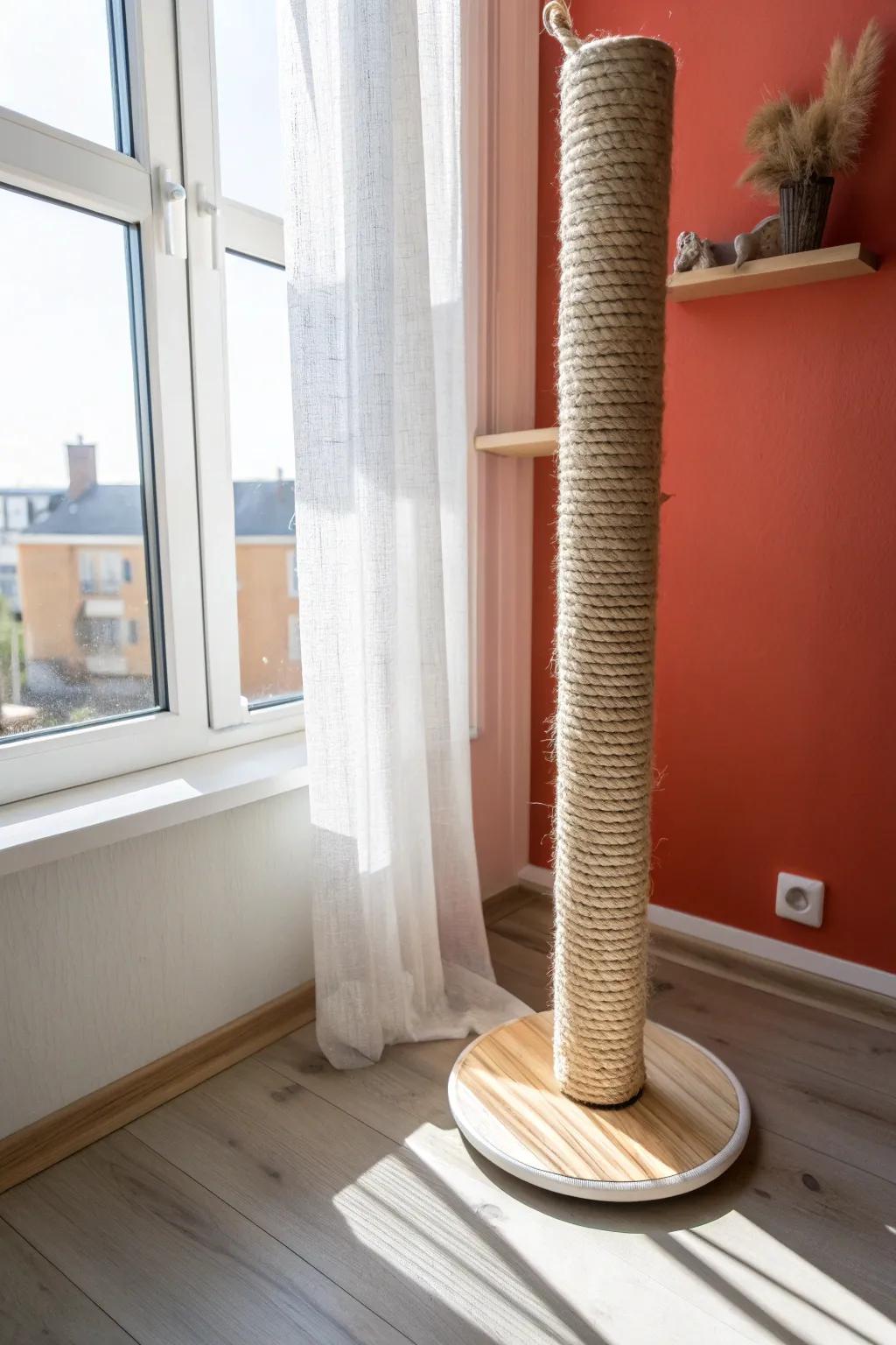 A floor-to-ceiling tension scratching pole turns a tiny window nook into a chic cat climb zone.