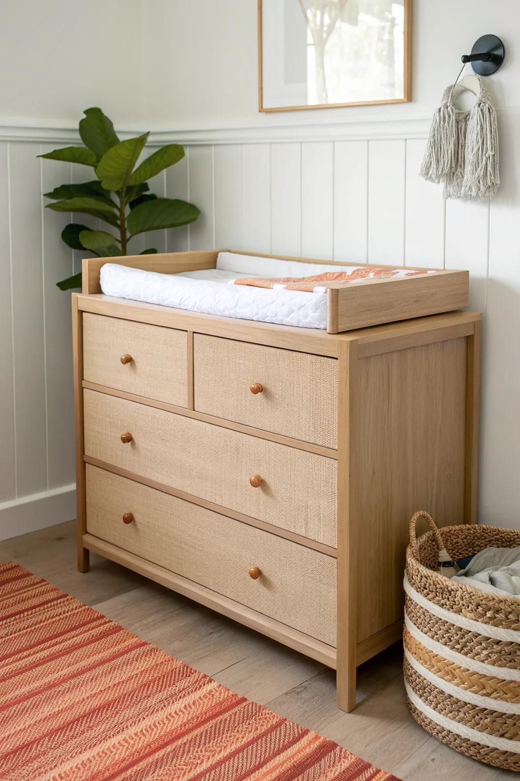 A hidden pull-out changing shelf turns a simple dresser into a space-saving nursery hero.
