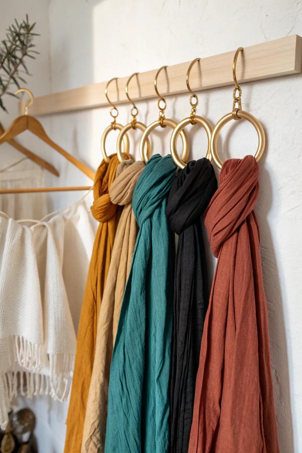 Brass curtain rings on a hanger turn scarves and belts into sleek, space-saving storage.
