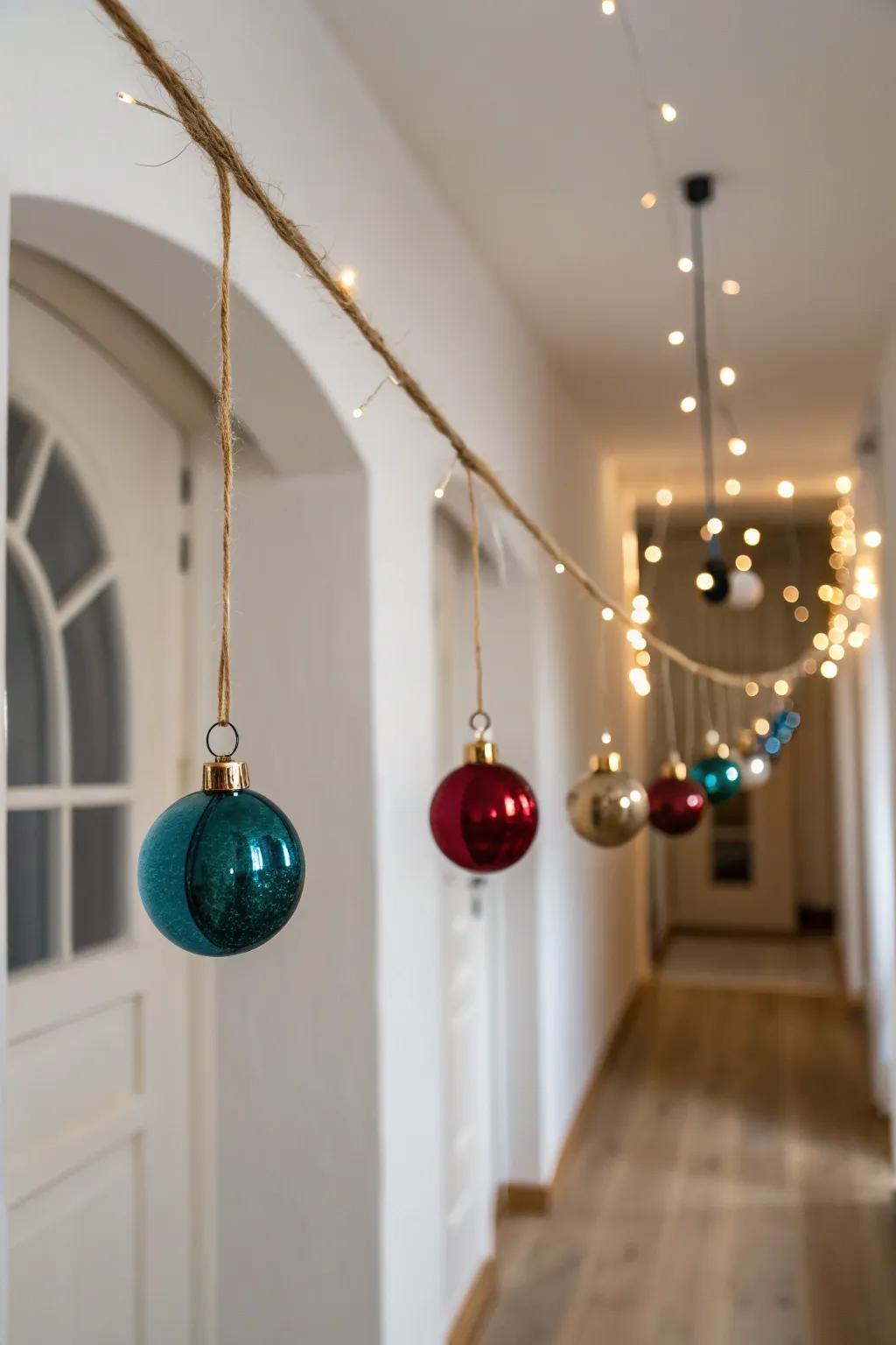 A floating ornament line adds instant Christmas magic—zero floor clutter, all hallway wow.