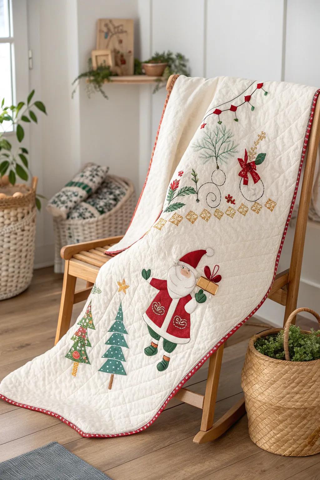 Embrace the enchantment of Santa's workshop with this whimsical, handcrafted quilt.