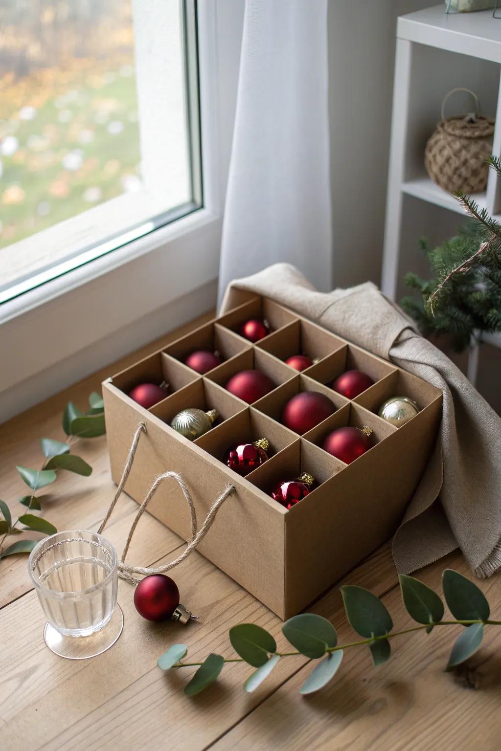 Turn a bottle divider box into chic, no-wrap storage for your most fragile ornaments.