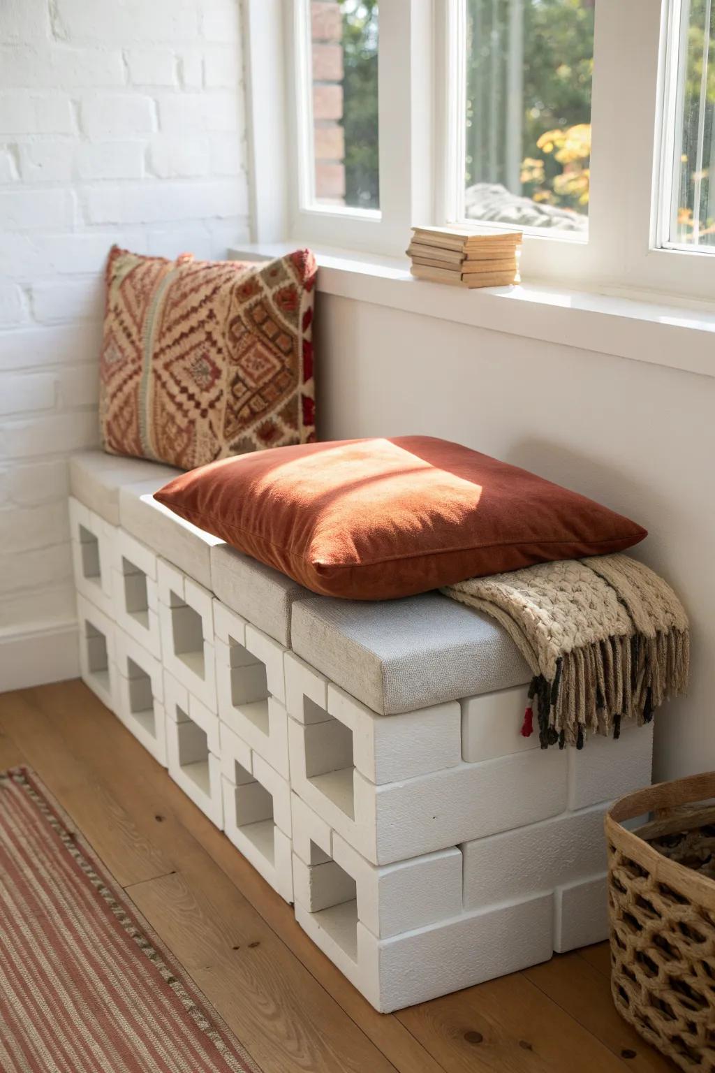 A cozy cinder block window seat with hidden blanket storage—small-space reading nook perfection.