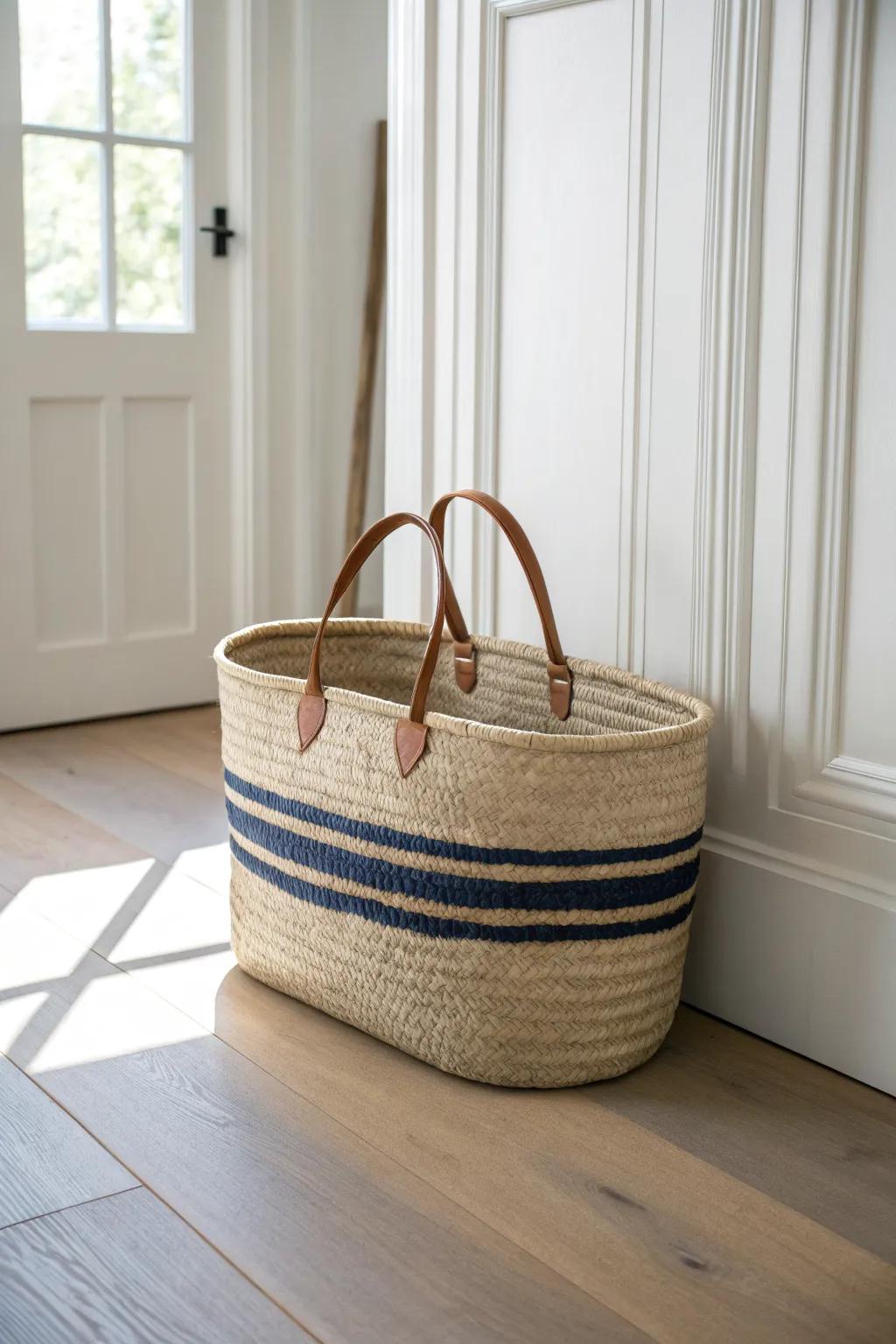 A chic drop-zone basket by the door keeps clutter off the bed and the room clean fast.