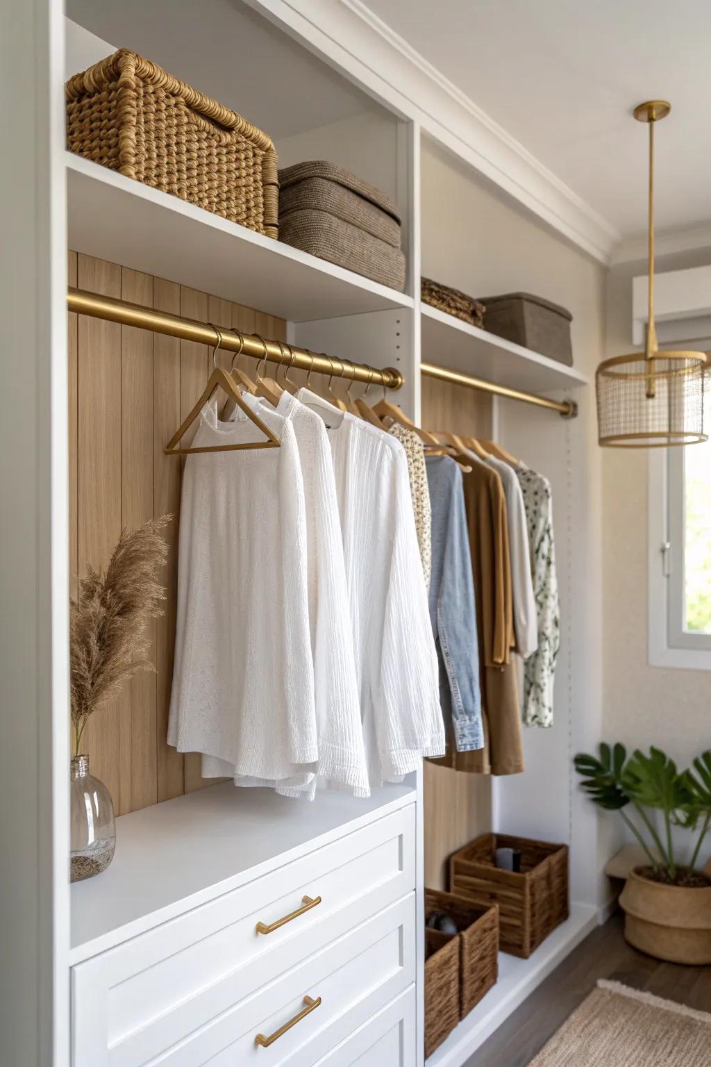 A slide-out hanging bar turns a tight closet corner into a chic outfit-planning station.