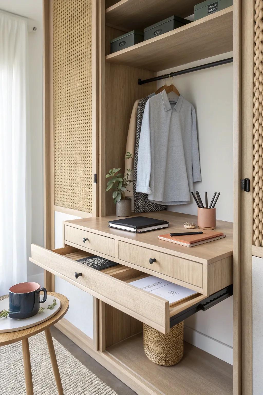 A hidden slide-out desk that glides out like a drawer—perfect for tiny closets and big wow.