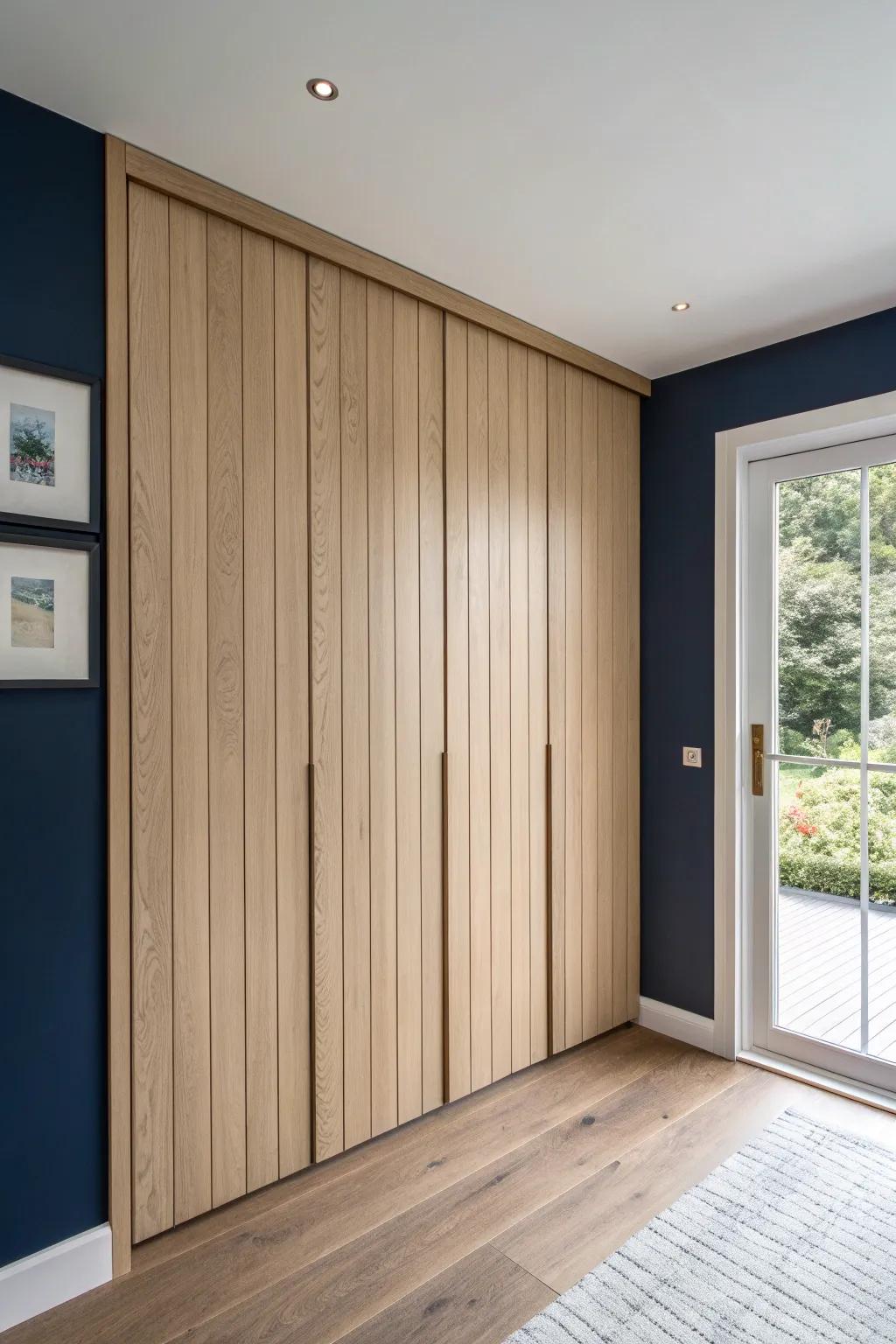 Hidden oak slat wall panel closet door—clean lines that erase visual clutter in a small room.