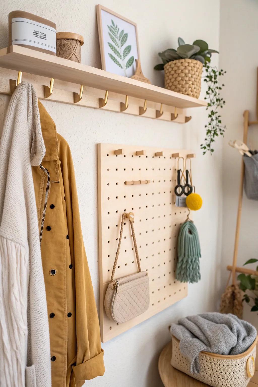 Space-saving pegboard keeps baby essentials visible, tidy, and beautifully within reach.