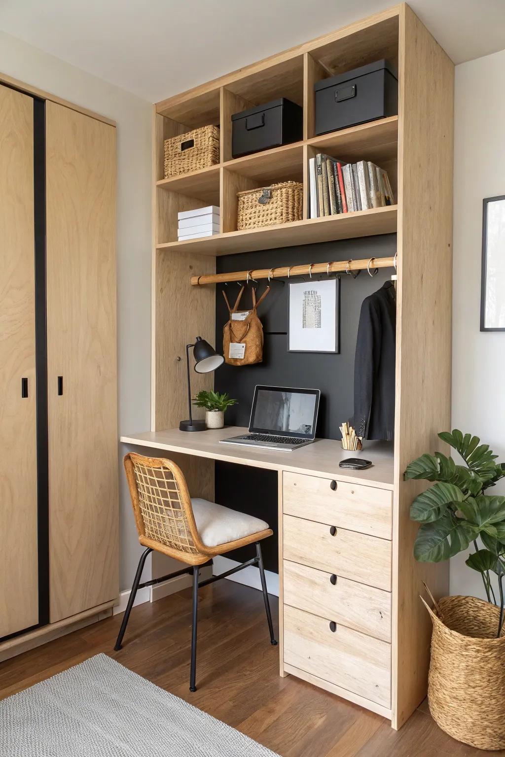 Split closet setup: desk below for work, overhead shelves above for off-season storage.