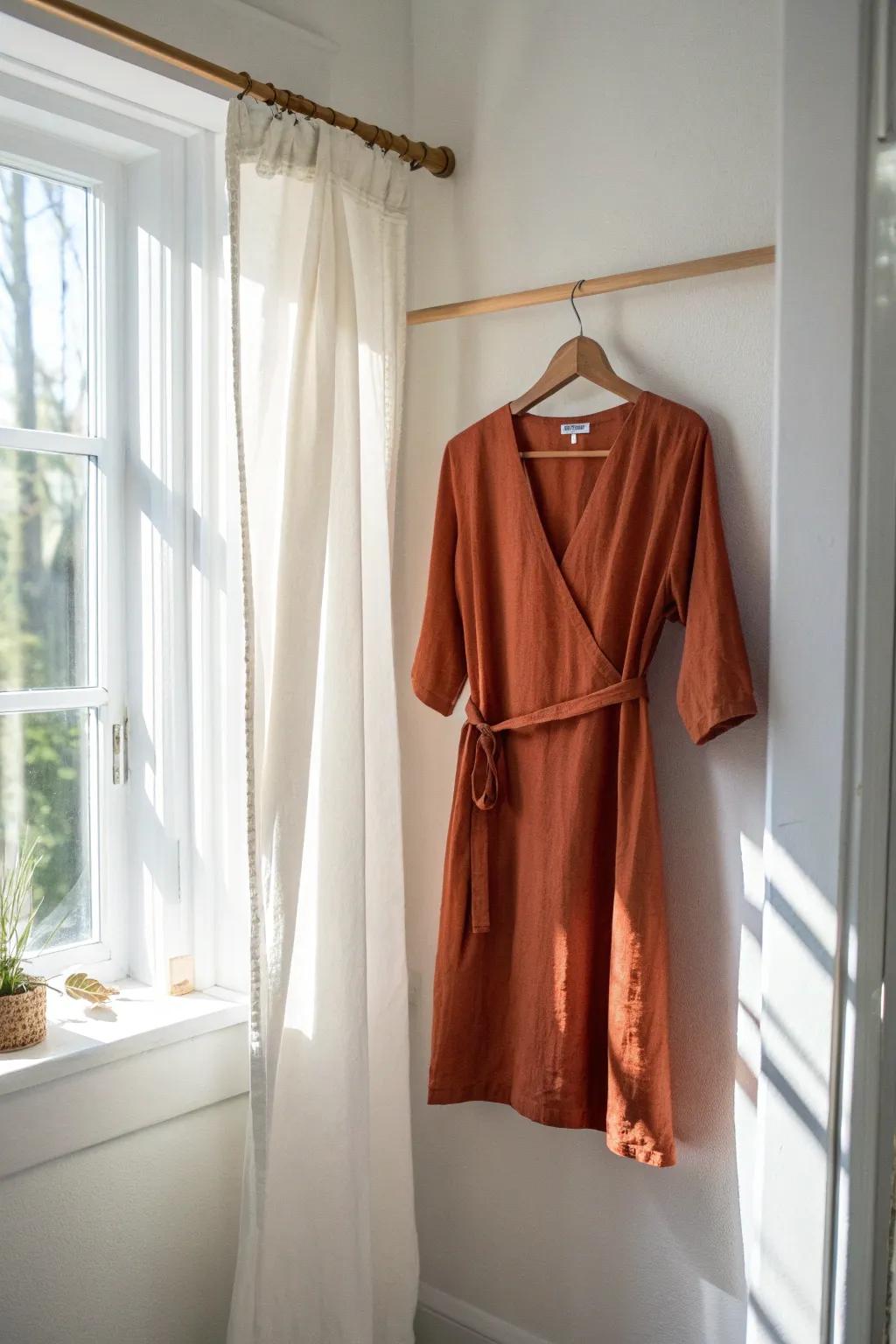 A window tension rod turns one bold outfit into a light-filled, space-saving mini showroom.