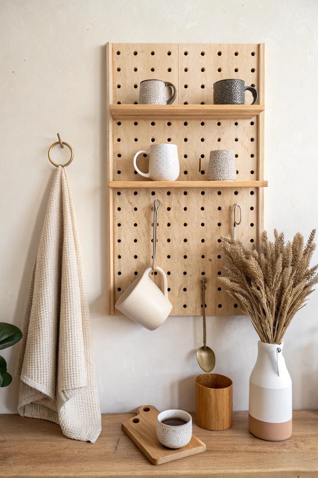 A pegboard wall turns empty space into a chic, flexible coffee bar organizer in minutes.
