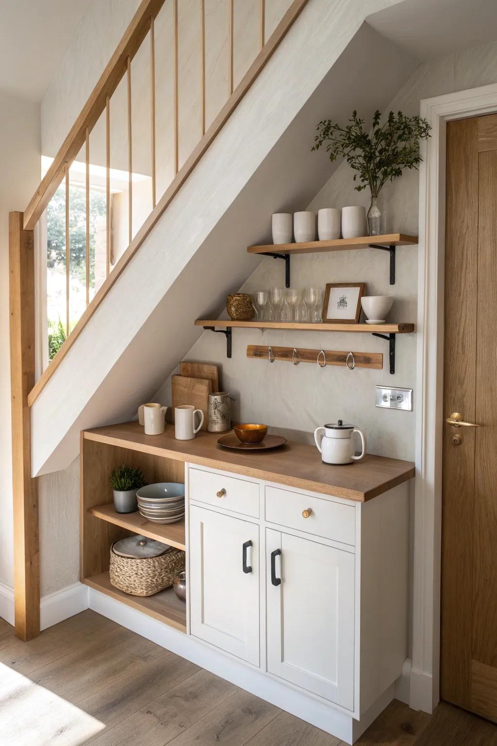 A hidden under-stairs coffee shelf station that turns dead space into a mini café moment.