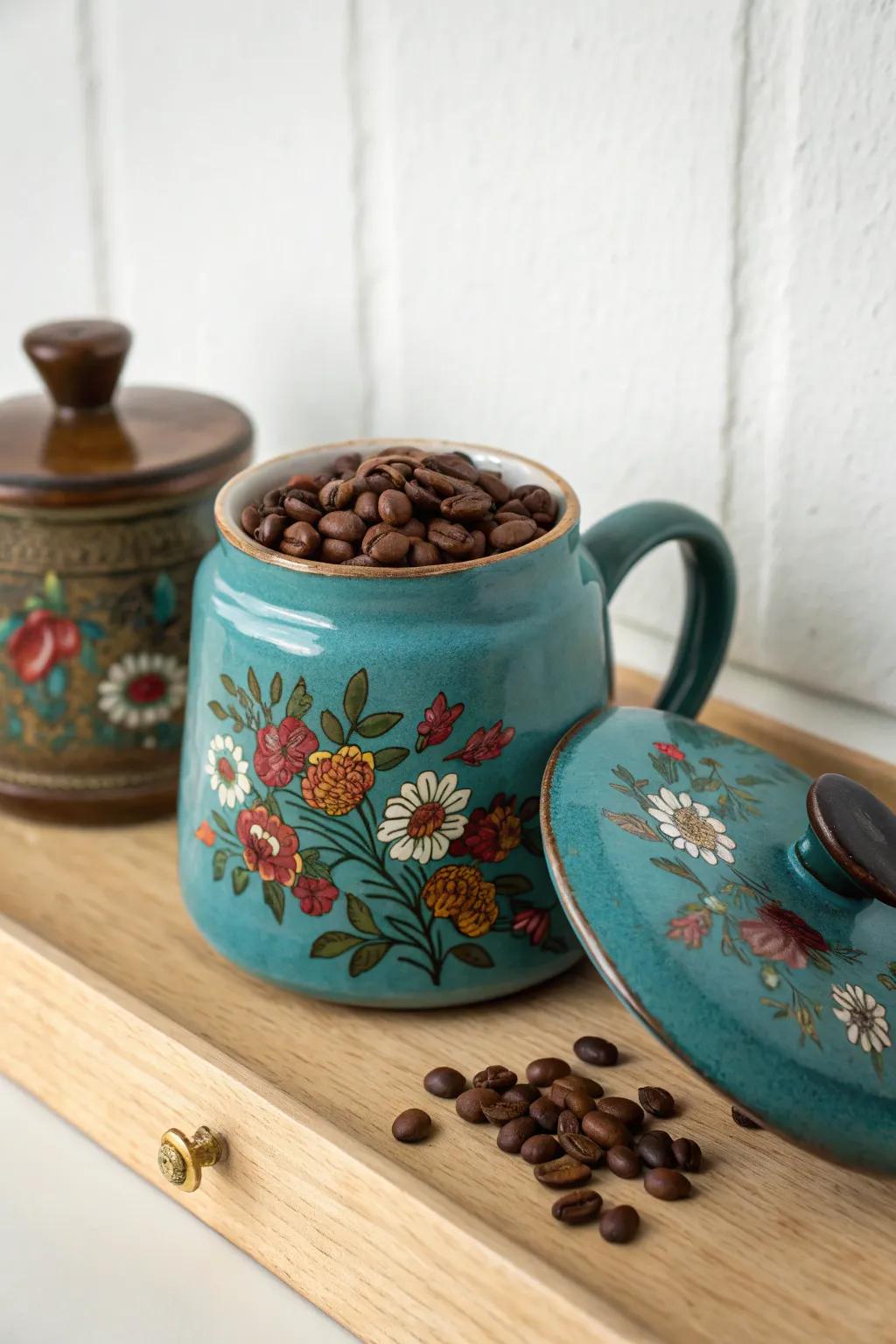 Turn a vintage teapot into a charming coffee jar—pretty, practical, and perfect for small shelves.