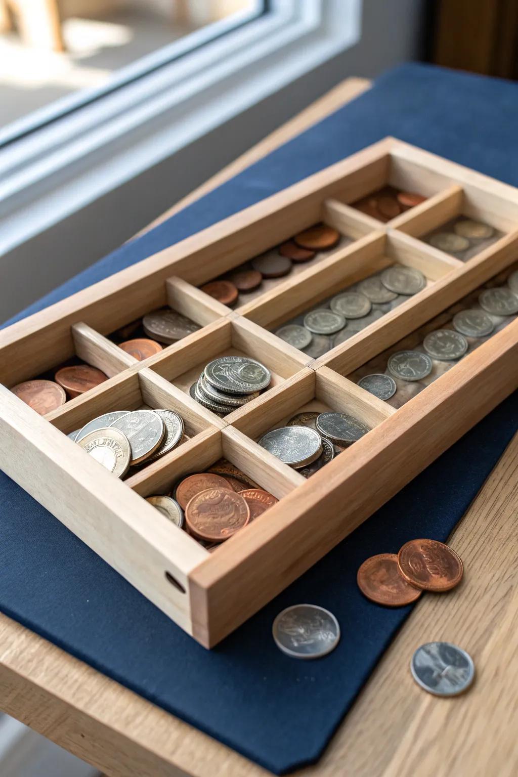 A spice drawer insert turned coin sorter—angled lanes keep every coin type beautifully tidy.