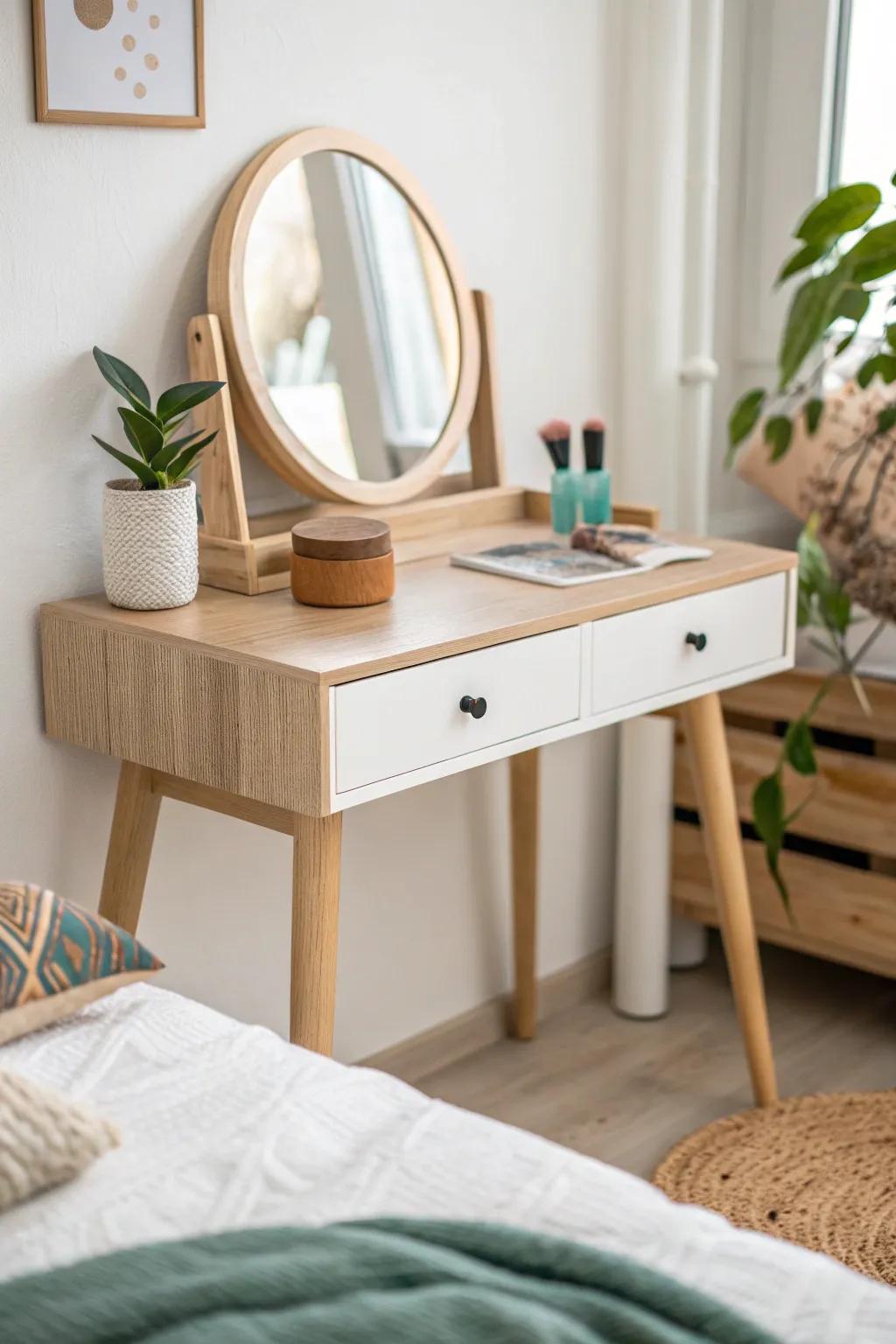 A desk-corner vanity mirror that keeps your college bedroom routine neat and serene.