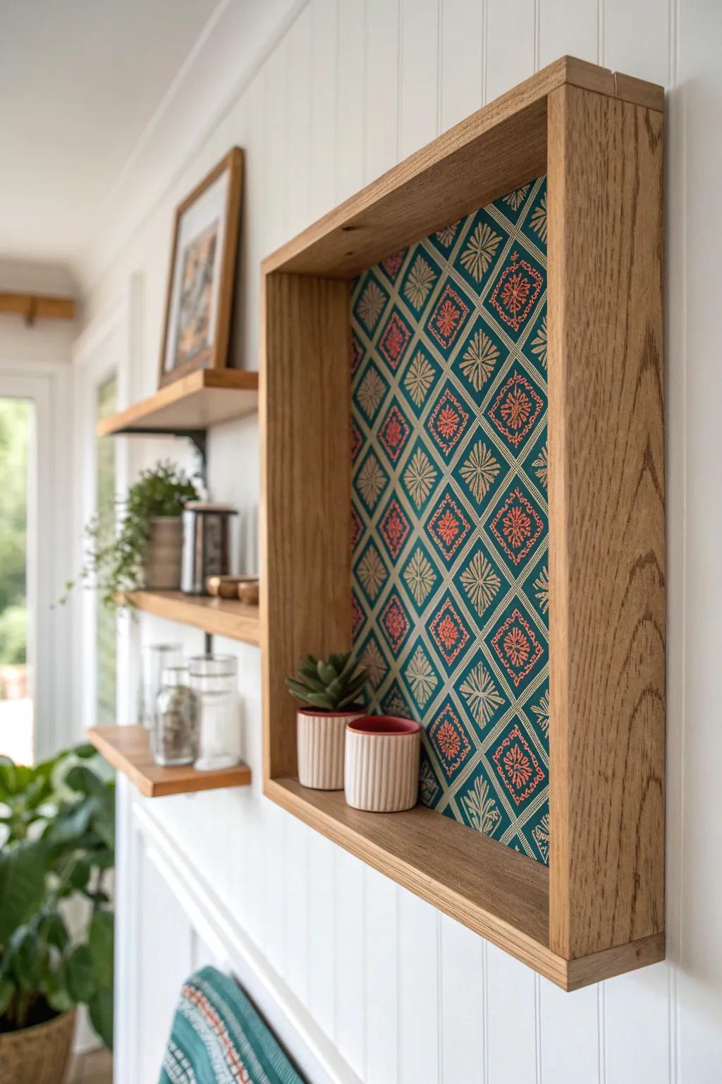 Tiny nook, big impact: peel-and-stick wallpaper behind a slim shelf for renter-safe style.