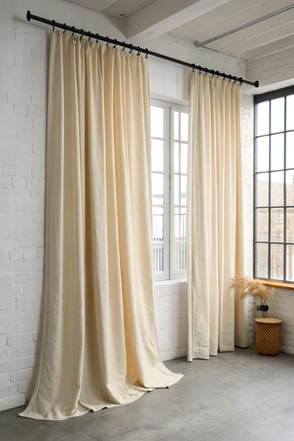 Turn harsh dorm walls into a calm bedroom vibe with a floor-to-ceiling linen curtain wall.