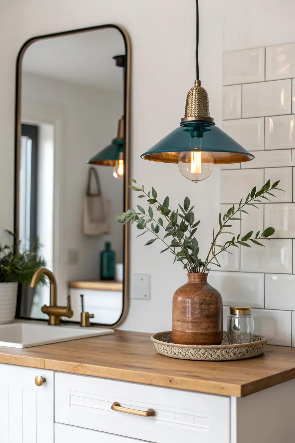 A mirror backsplash bounces light and makes a compact studio kitchen feel instantly bigger.