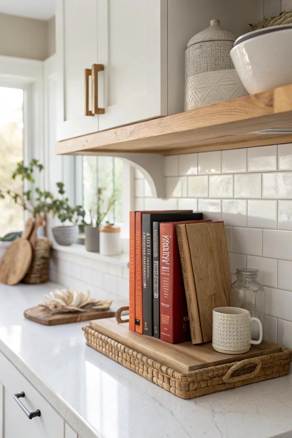 A sleek under-cabinet ledge keeps your go-to cookbook off the counter—pretty and practical.